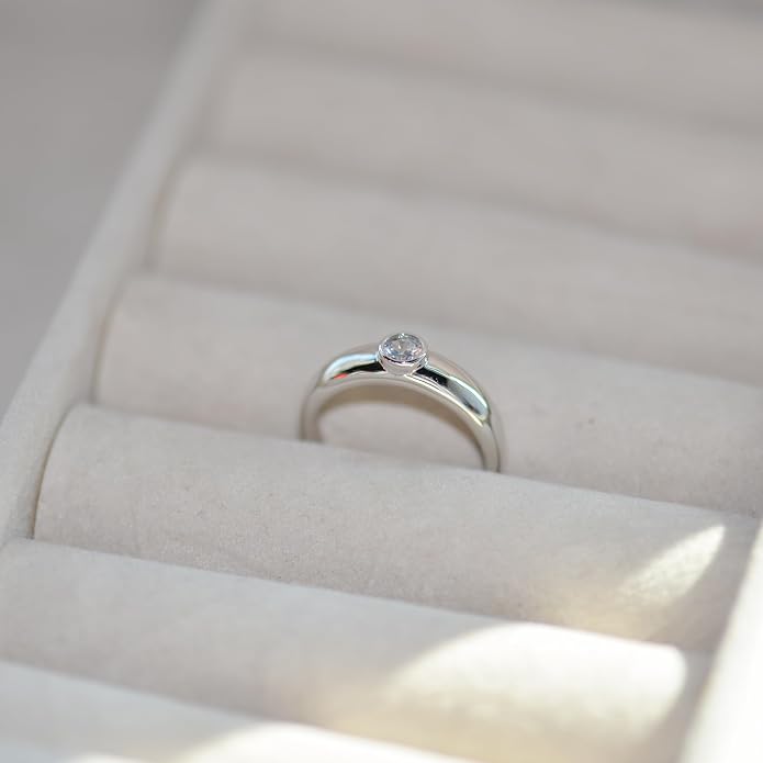 LEMON GRASS Bezel Set Round CZ Thin Dome Ring | Minimalist Stacking Band Signet Ring in Gold