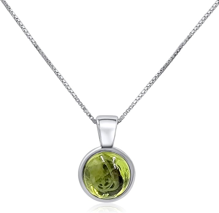 Natural gemstone 8mm round pendant with white gold over 925 sterling silver bezel cabochon plate and box chain, real genuine dainty birthstone gift for her, uniquelan jewelry