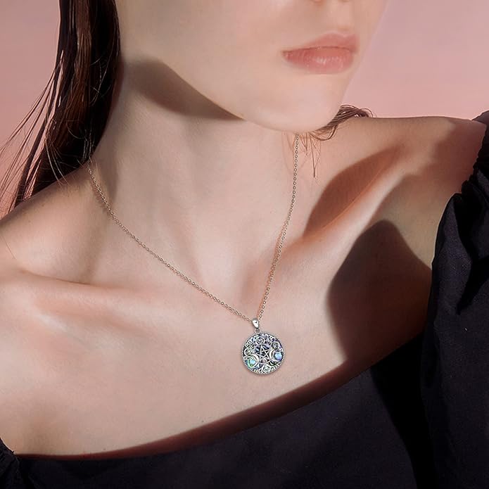YFN Triple Moon Goddess Necklace Sterling Silver Pentagram Pentacle Opal Pendant necklace Pagan Wiccan Magic Amulet Tree of Life Jewelry for Women Men 18"