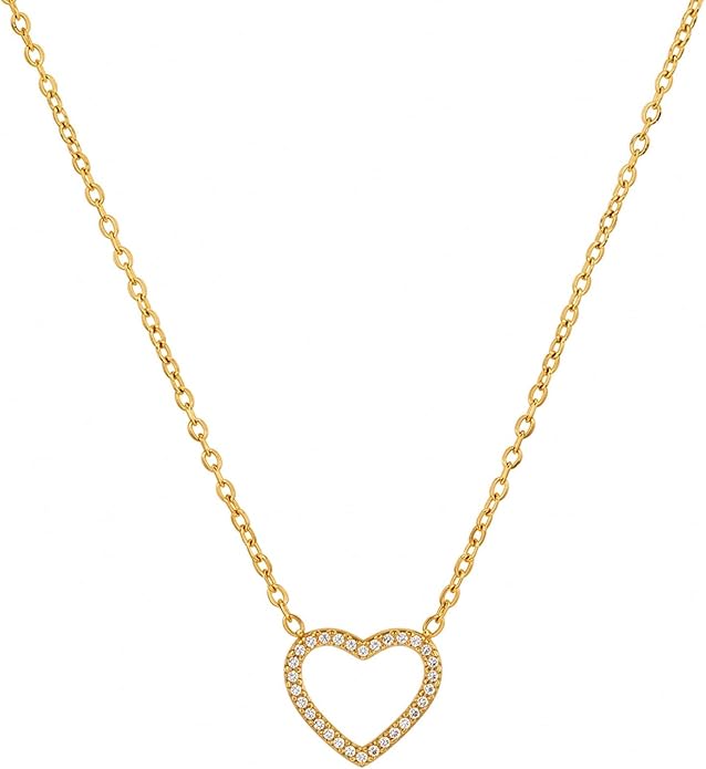 18K Gold Plated Heart Necklace for Women, Dainty Open Heart Pendant Necklace with Cubic Zirconia, Minimalist Delicate Choker Jewelry Gift for Women