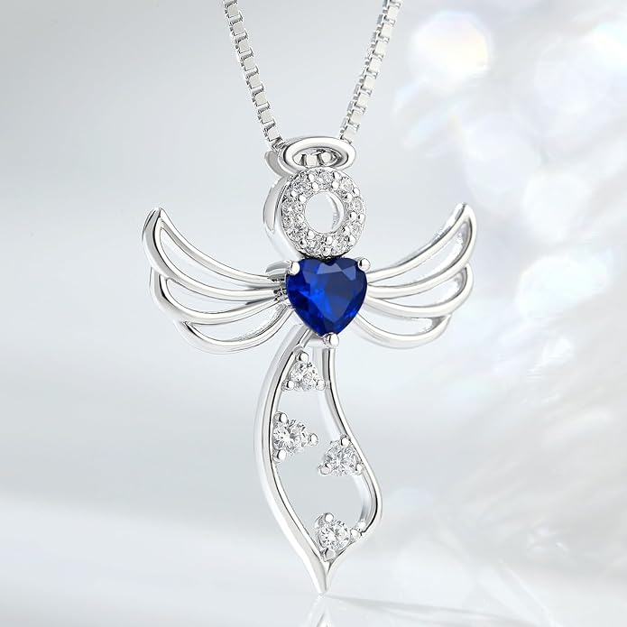 925 Sterling Silver Guardian Angel Pendant Necklace for Women - Birthstone Cubic Zirconia, 18" Chain, Gift for Her