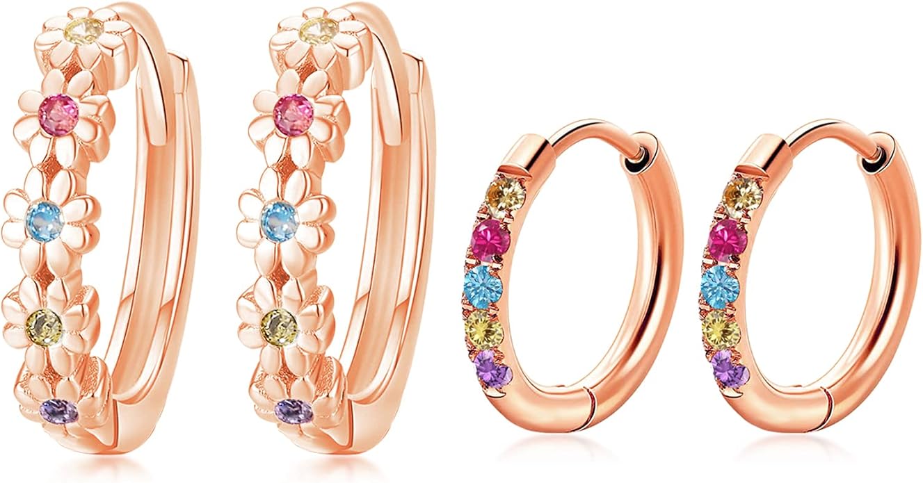 CiNily Small Hoop Earrings for Women Girls Flower Cubic Zirconia Huggie Earrings Hypoallergenic 14K Yellow Gold Plated Cartilage Earrings