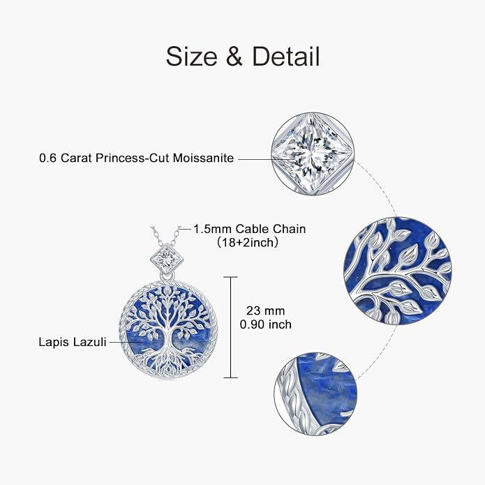 Tree of Life Moissanite Necklace, 925 Sterling Silver 0.5 Carat Moissanite Abalone Shell/Opal/Black Onyx/Turquoise/Malachite/Tiger Eye Stone Tree of Life Pendant Necklaces Jewelry Gift for Women Mom
