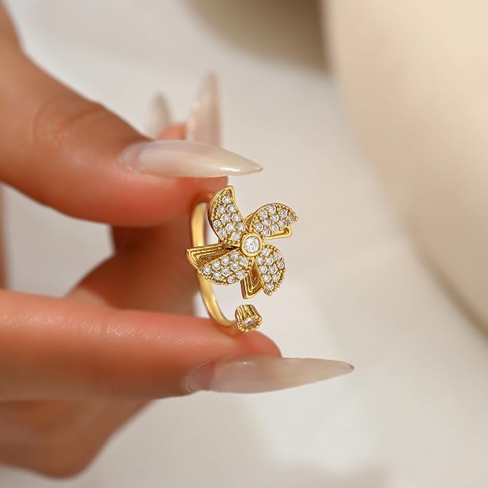 NONAMOIS Gold Rings for Women Evil Eye Flower Open Anti Anxiety Spinner Ring Adjustable Fidget Rings Jewelry Christmas Gifts