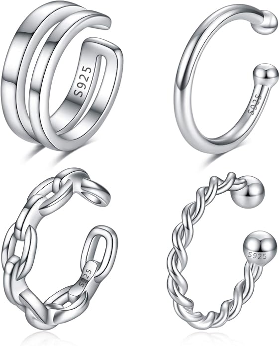 CHIC & ARTSY 925 Sterling Silver Ear Cuffs for Women, Non Piercing Clip On Cartilage Cuffs, Adjustable Fake Conch & Helix Earrings, Gold Plated & Oxidized Various Styles
