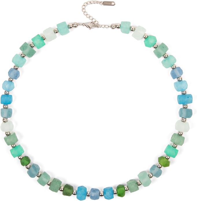 Chunky Frosted Sea Glass Beaded Necklace for Women - Handmade Recycled Glass, 18K Gold Plated or Silver Toned Stainless Steel, Adjustable 16-18 inch Boho Statement Necklace