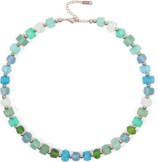 Chunky Frosted Sea Glass Beaded Necklace for Women - Handmade Recycled Glass, 18K Gold Plated or Silver Toned Stainless Steel, Adjustable 16-18 inch Boho Statement Necklace
