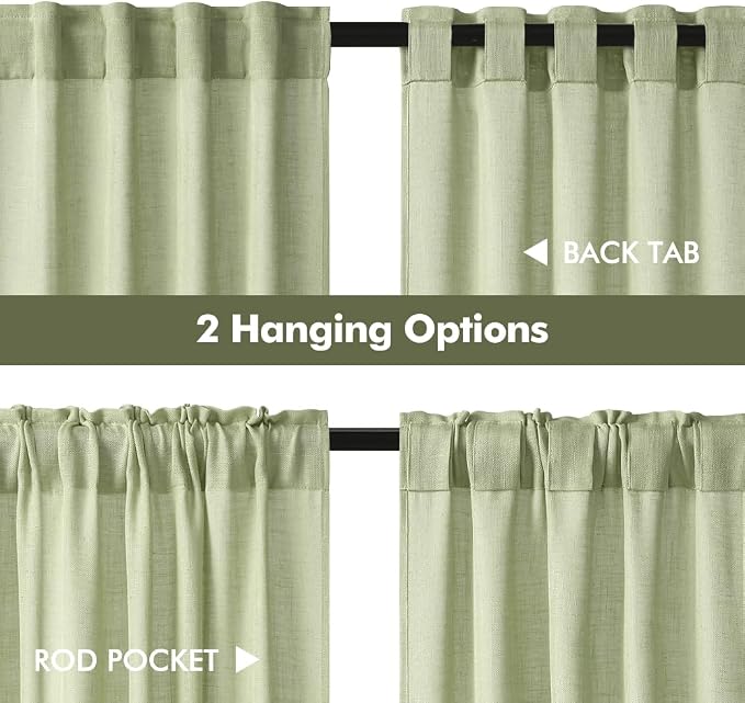 MIULEE Sage Green Kitchen Curtains 24 Inch Length 2 Panels, Soft Thick Linen Textured Semi Sheer Light Filtering Short Cafe Tier Curtains for Small Half Window Bathroom Laundry Back Tab Rod Pocket