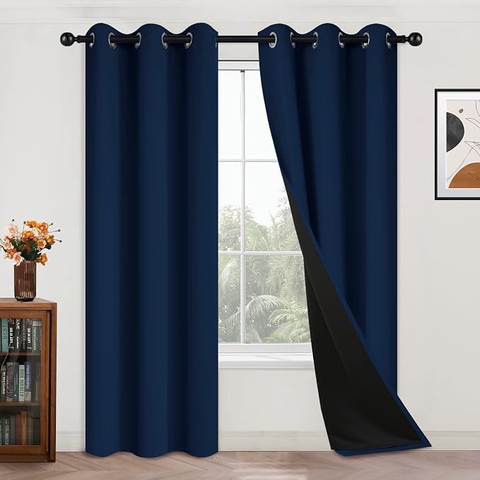 Yakamok Navy Blue 100% Blackout Curtains 84 Inches Long 42" Wide, 2 Panels | Blackout Curtain Panels for Bedroom, 2 Thick Layers Grommet Top Thermal Insulated Drapes with Black Liner for Living Room