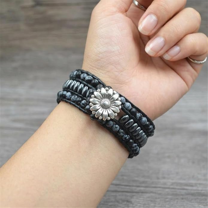 YGLINE Boho Handmade Natural Stone Bead 3 Row Wide Wrap Wrist Statment Bracelet Jewelry Collection
