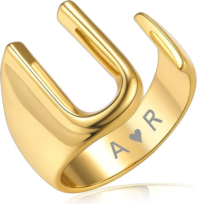 KeyStyle Bold Initial Letter Rings Adjustable, GoldChic Jewelry Women Gold Statement Ring Personalized Engraved Women’s Open Signet Ring for Party (Gold, White Gold, Black)