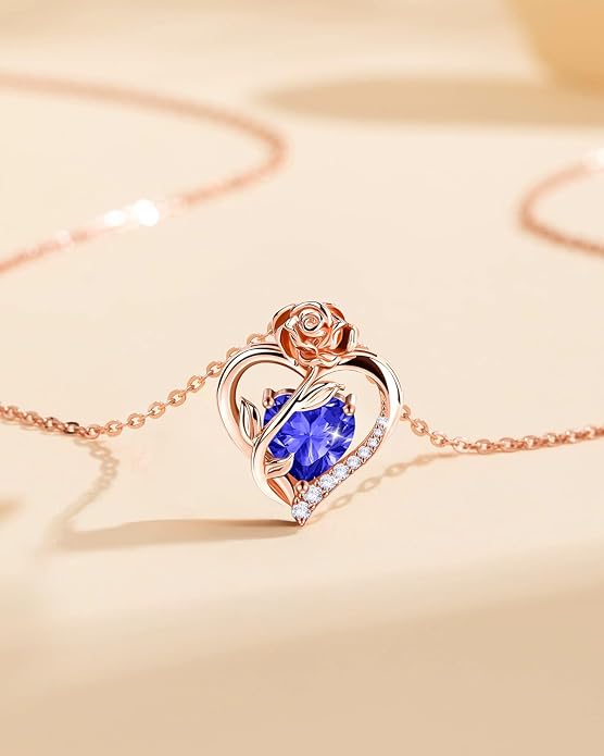 Anniversary Birthday Gifts for Women - Heart Birthstone Necklace: 925 Sterling Silver Rose/White/Yellow Gold Pendant Necklaces Gold Jewelry Gift for Wife Girlfriend Mom Daughter Grandma