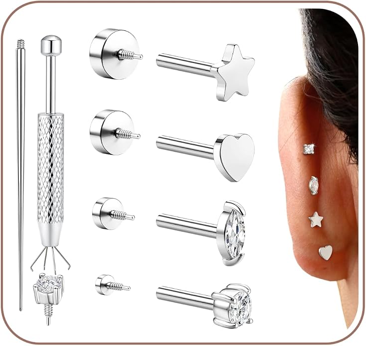 Drperfect 18G Reversible Flat Back Stud Earrings for Women Hypoallergenic Surgical Steel 14K Gold Silver Plated Internal Thread Stud Piercing Jewelry for Tragus Helix Cartilage Conch Piercing