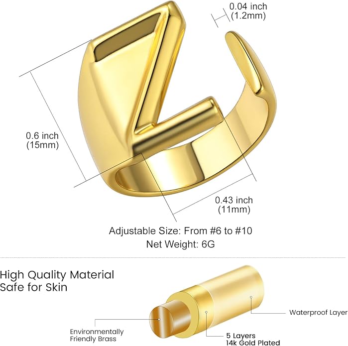 KeyStyle Bold Initial Letter Rings Adjustable, GoldChic Jewelry Women Gold Statement Ring Personalized Engraved Women’s Open Signet Ring for Party (Gold, White Gold, Black)
