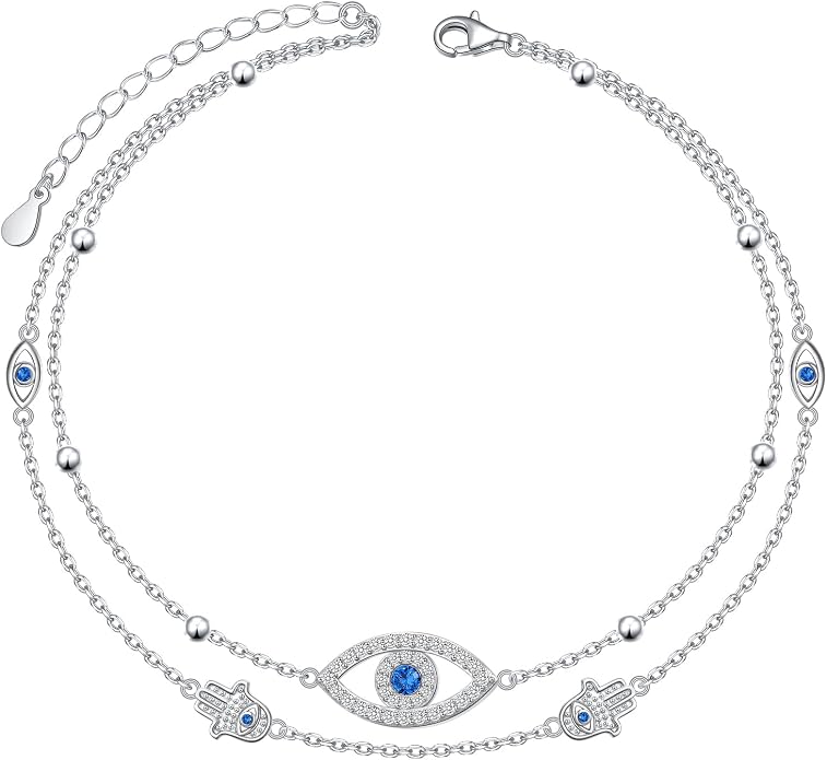 Ladytree S925 Sterling Silver Boho Beach Double Layer Anklets Bracelet for Women Adjustable 9 to 11 inches