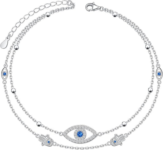 Ladytree S925 Sterling Silver Boho Beach Double Layer Anklets Bracelet for Women Adjustable 9 to 11 inches