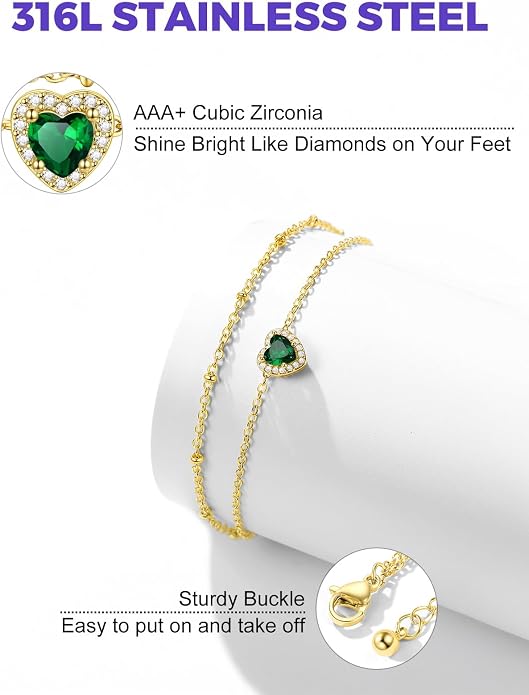 Richsteel Double Layer Heart/Butterfly Birthstone Anklet for Women Non Tarnish Waterproof, Silver/Gold/Black Stainless Steel 8.5-10.5 Inch Adjustable Chain Anklets Jewelry Gifts for Her