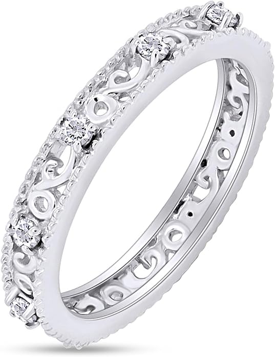 Jewel Zone US Filigree Eternity Wedding Band Ring for Women, Round Cut Simulated Gemstone Stackable Promise Ring in 14K Gold Plated 925 Sterling Silver Band Width 3.5mm – Elegant Jewelry for Her