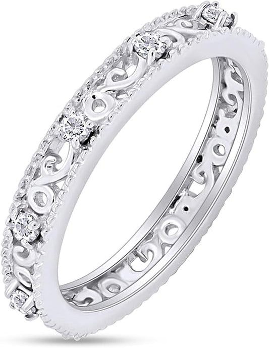 Jewel Zone US Filigree Eternity Wedding Band Ring for Women, Round Cut Simulated Gemstone Stackable Promise Ring in 14K Gold Plated 925 Sterling Silver Band Width 3.5mm – Elegant Jewelry for Her