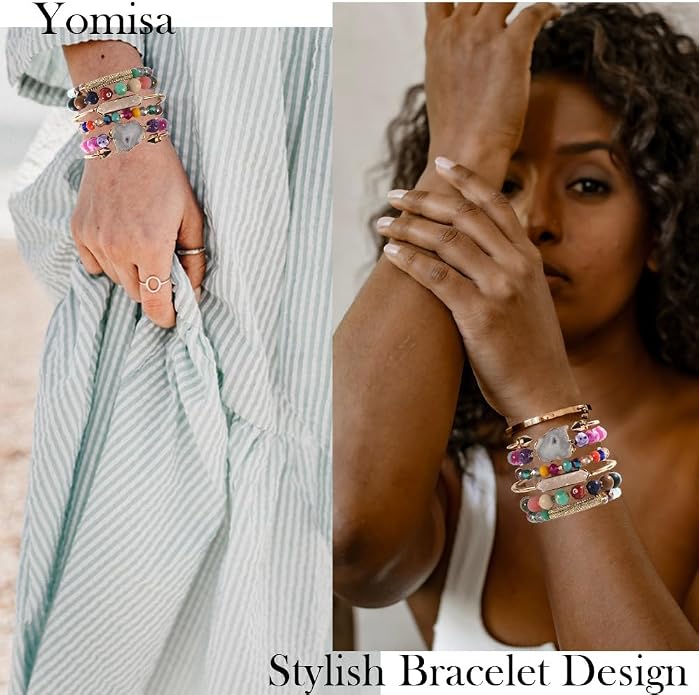 Yomisa 5PCS 6PCS Natural Boho Beaded Bracelets/Bangle for Women Men,Healing Turquoise Jasper Agate Crystal Gemstone Stone Chakra Multilayer Wrap Bohemian Handmade Jewelry Beads Stretch Bracelet Set