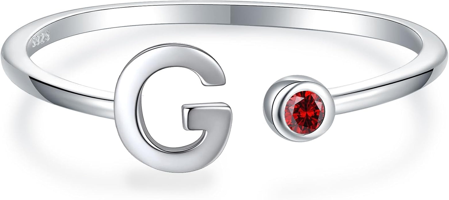 925 Sterling Silver Initial Letter Birthstone Rings for Women Adjustable 1-12 Month Birthstone Alphabet Stacking Ring for Teens Girls Stackable Birthstone Rings Birthday Jewelry Gift for Daughter Mom