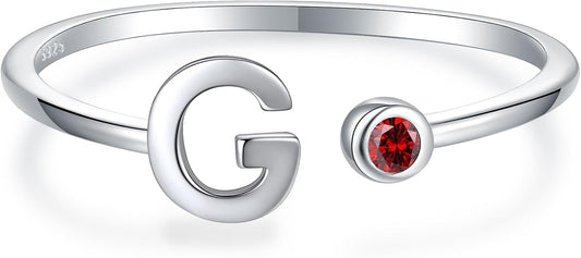 925 Sterling Silver Initial Letter Birthstone Rings for Women Adjustable 1-12 Month Birthstone Alphabet Stacking Ring for Teens Girls Stackable Birthstone Rings Birthday Jewelry Gift for Daughter Mom