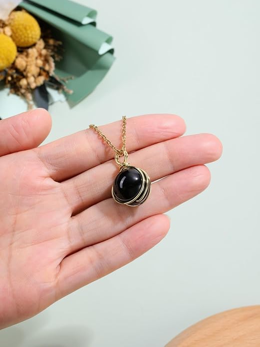 Jovivi Healing Crystal Stone Pendant Necklace Gold Wire Wrapped 16mm Natural Round Gemstone Ball Crystal Necklace for Women Men Reiki Quartz Jewelry