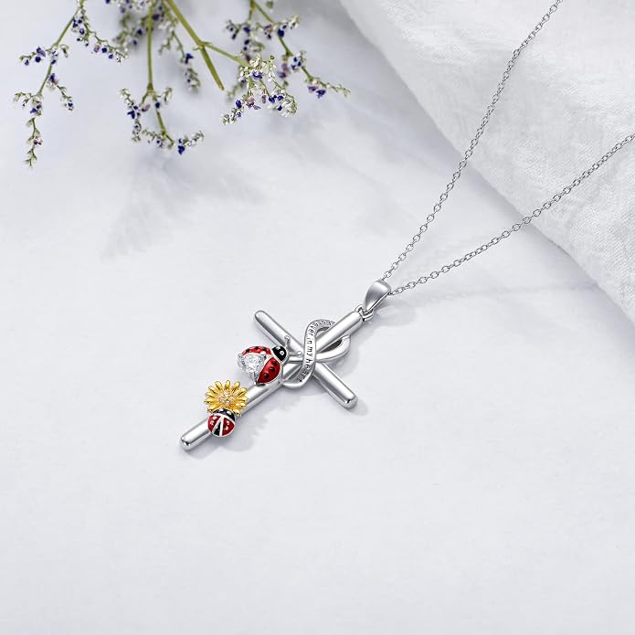 Cross Necklace for Women 925 Sterling Silver I Love You Necklace Religious Jewelry with Gift Box for Mother Daughter