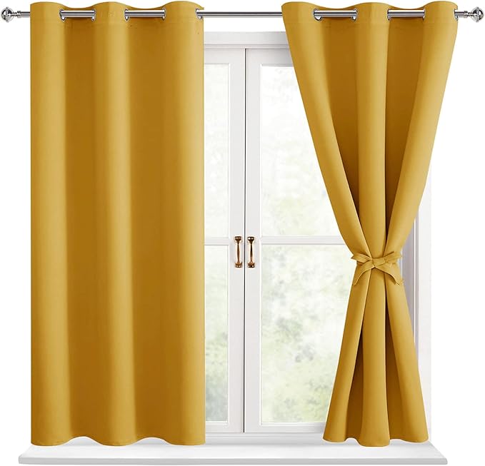 Hiasan Short Blackout Curtains for Bedroom - Thermal Insulated & Light Blocking Window Curtains for Living Room, 2 Drape Panels Sewn with Tiebacks, Mustard Yellow, 38 x 45 Inch