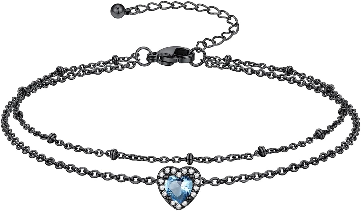 Richsteel Double Layer Heart/Butterfly Birthstone Anklet for Women Non Tarnish Waterproof, Silver/Gold/Black Stainless Steel 8.5-10.5 Inch Adjustable Chain Anklets Jewelry Gifts for Her