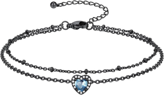 Richsteel Double Layer Heart/Butterfly Birthstone Anklet for Women Non Tarnish Waterproof, Silver/Gold/Black Stainless Steel 8.5-10.5 Inch Adjustable Chain Anklets Jewelry Gifts for Her