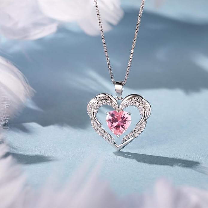 Heart Necklaces for Women Mother's day Gifts, Birthstone 925 Sterling Silver Angel Wings Love Pendant Necklaces for Women, Jewelry Gifts for Wife, Anniversary, Birthday