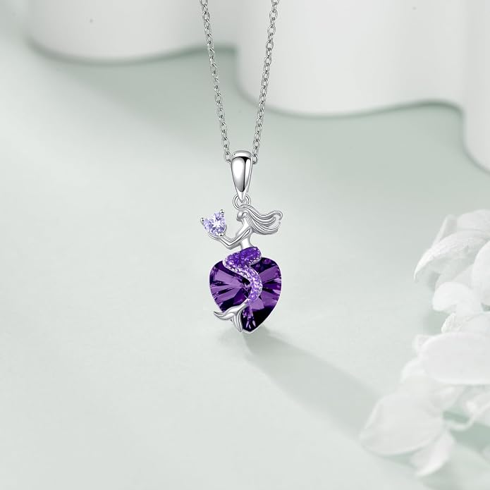Mermaid Birthstone Necklace for Women 925 Sterling Silver Jewelry Austrian Crystal Pendant Christmas Gifts for Her
