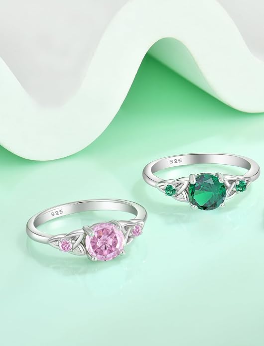 Celtic Knot Rings for Women 925 Sterling Silver Solitaire Ring Wedding Engagement Band Round Birthstone Jewelry Size 5-10