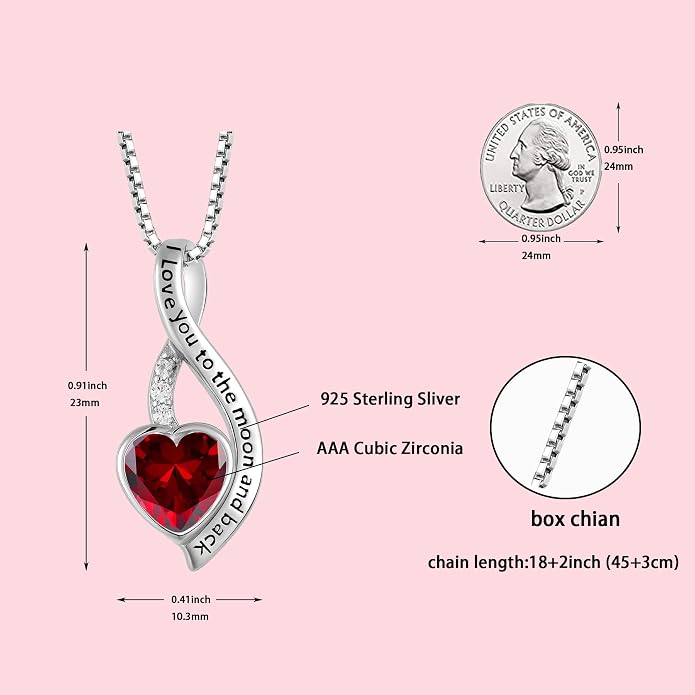 I Love You to The Moon and Back Necklace for Women, 925 Sterling Silver Heart Birthstone Pendant Necklace Jewelry Anniversary Birthday Gifts for Girls Women Wife Mom Daughter