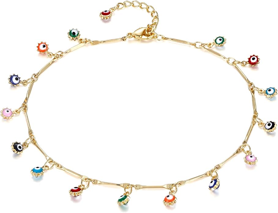 LOYATA Dainty Ankle Bracelet,14K Gold Plated Tiny Bead Anklet Dainty White Cubic Zirconia Cross Tassel Foot Chain Cute Lucky Moon Evil Eye Foot Jewelry Boho Anklets for Women