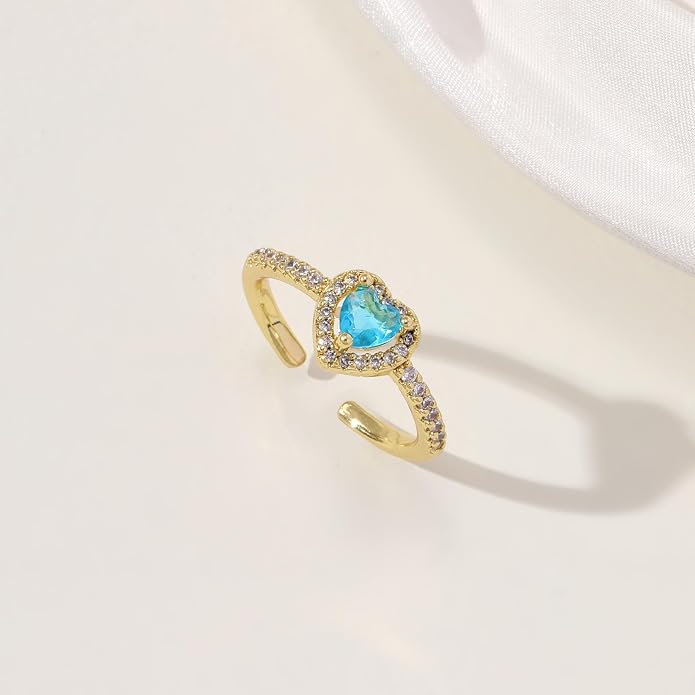 Gold Birthstone Rings for Women Non Tarnish 14k Gold Plated Dainty Heart Rings Adjustable Size Cubic Zirconia Ring Gold Simulated Gemstone Rings Birthday Gifts for Women