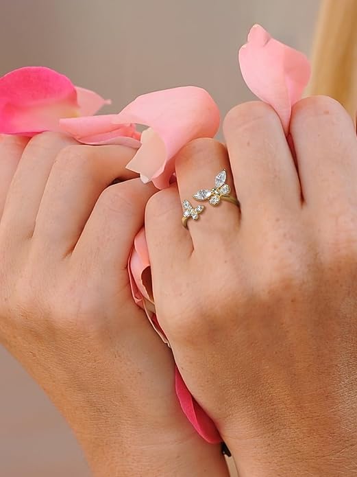 Moissanite Flower/Butterfly/Star Pretty Open Ring for Women, Adjustable Ring, Solid 925 Sterling Silver with Gold Plated, Stackable Ring, Birthday Valentines Anniversary Mothers Day Ideal Gift for Her