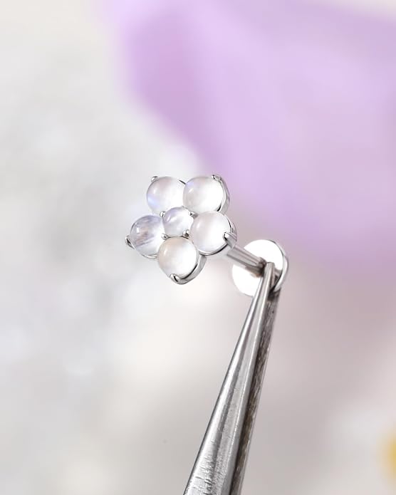 Chrysoprase Moonstone 925 Sterling Silver Hypoallergenic Flat Back Stud Earring Internally Threaded 16G 8mm Fine Piercing Jewelry for Helix Tragus Conch Cartilage Lip