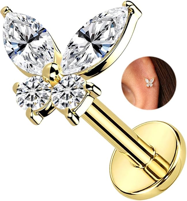 1Pcs 14K Yellow/White Gold Cartilage Earring for Women, 16G Threadless Flat Back Top Push in, Butterfly Tragus Helix Labret Lip Stud Piercing Jewelry