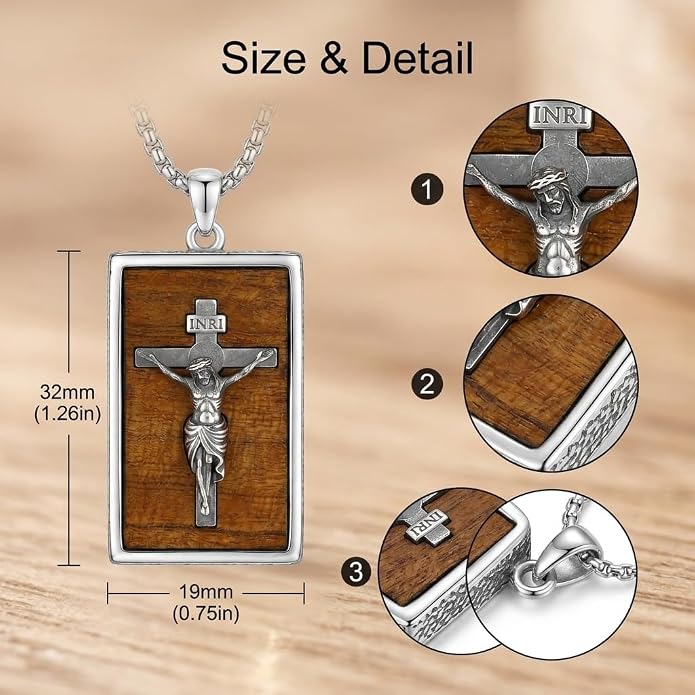 ONEFINITY Wooden Necklace Viking Wolf/St Benedict Medals/St Michael/Crucifix/St Christopher Pendant Necklace for Men Archangel Amulet Wooden Religious Jewelry Gifts for Men Women