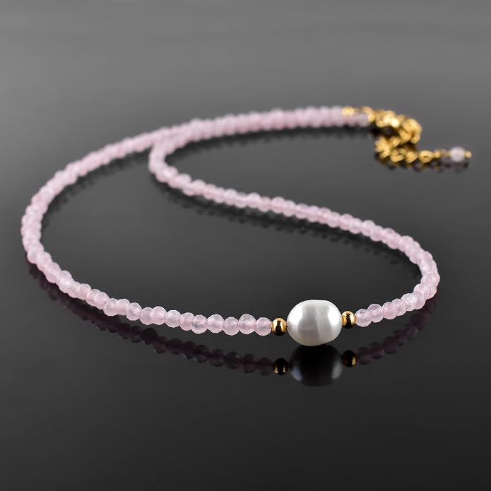 InfinityGemsArt Gemstone Gold Necklace For Women, Birthstone Natural Crystal Stone With Freshwater Pearl Beaded Jewelry, Gold Plated 18 Inch Chain