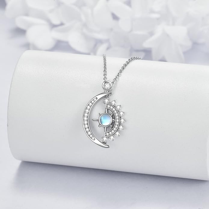 LUHE Moonstone Necklace 925 Sterling Silver Pendant Necklace Celtic Cross/Moon/Feather/Crescent/Black Cat Moonstone Jewelry Gifts for Women Men Friend