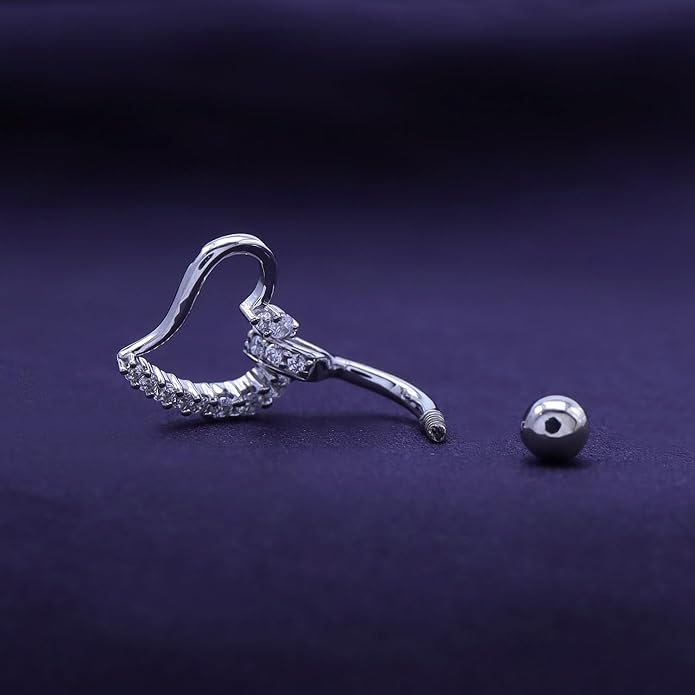 AFFY Women's Heart Charm Belly Ring with Round White Cubic Zirconia in 14K Gold Plated 925 Sterling Silver, Dangle Navel Piercing Jewelry for Her