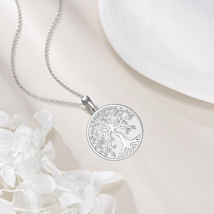 Aniu Tree of Life Necklace for Women, 925 Sterling Silver Mother of Pearl Family Palm Tree Charm Pendant Jewelry for Birthday Christmas Gift