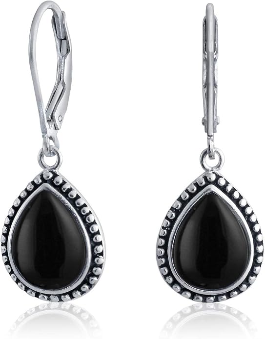 Bling Jewelry Boho Western Style Milgrain Setting Semi Precious Gemstones Lapis Turquoise Jade Onyx Quartz Pear Shaped Teardrop Lever Back Dangle Drop Earrings Teen Oxidized .925 Sterling Silver