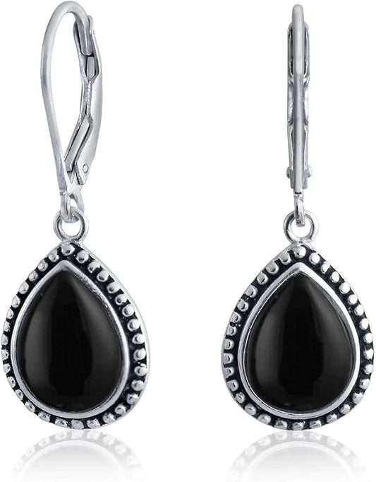 Bling Jewelry Boho Western Style Milgrain Setting Semi Precious Gemstones Lapis Turquoise Jade Onyx Quartz Pear Shaped Teardrop Lever Back Dangle Drop Earrings Teen Oxidized .925 Sterling Silver