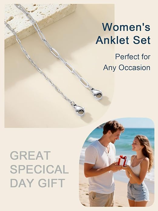 ChainsPro Stainless Steel Waterproof Anklet for Women, Adjustable Non Tarnish Layered Anklets, Trendy Dainty Cuban Link Ankle Bracelet Beach Jewelry Gifts for Swimming & Daily Wear (8.5+2 inches)
