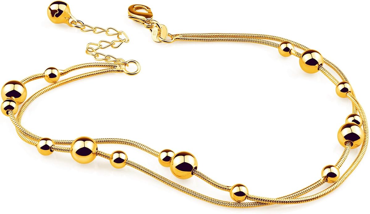 Womens Anklet 925 Sterling Silver Layered Anklet Bracelet Dainty Beaded Foot Chain Adjustable Summer 24k Gold Plated Beach Jewelry Gift