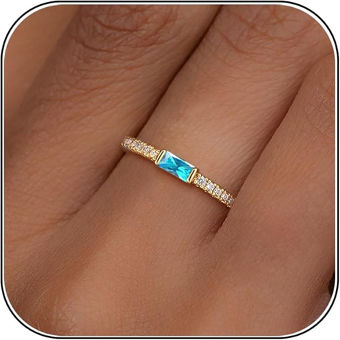 RLMOON Birthstone Gold Rings for Women Non Tarnish 14K Gold Plated Eternity Stackable Rings Dainty CZ Gemstone Engagement Rings Wedding Band Jewelry Gifts Size 4-10